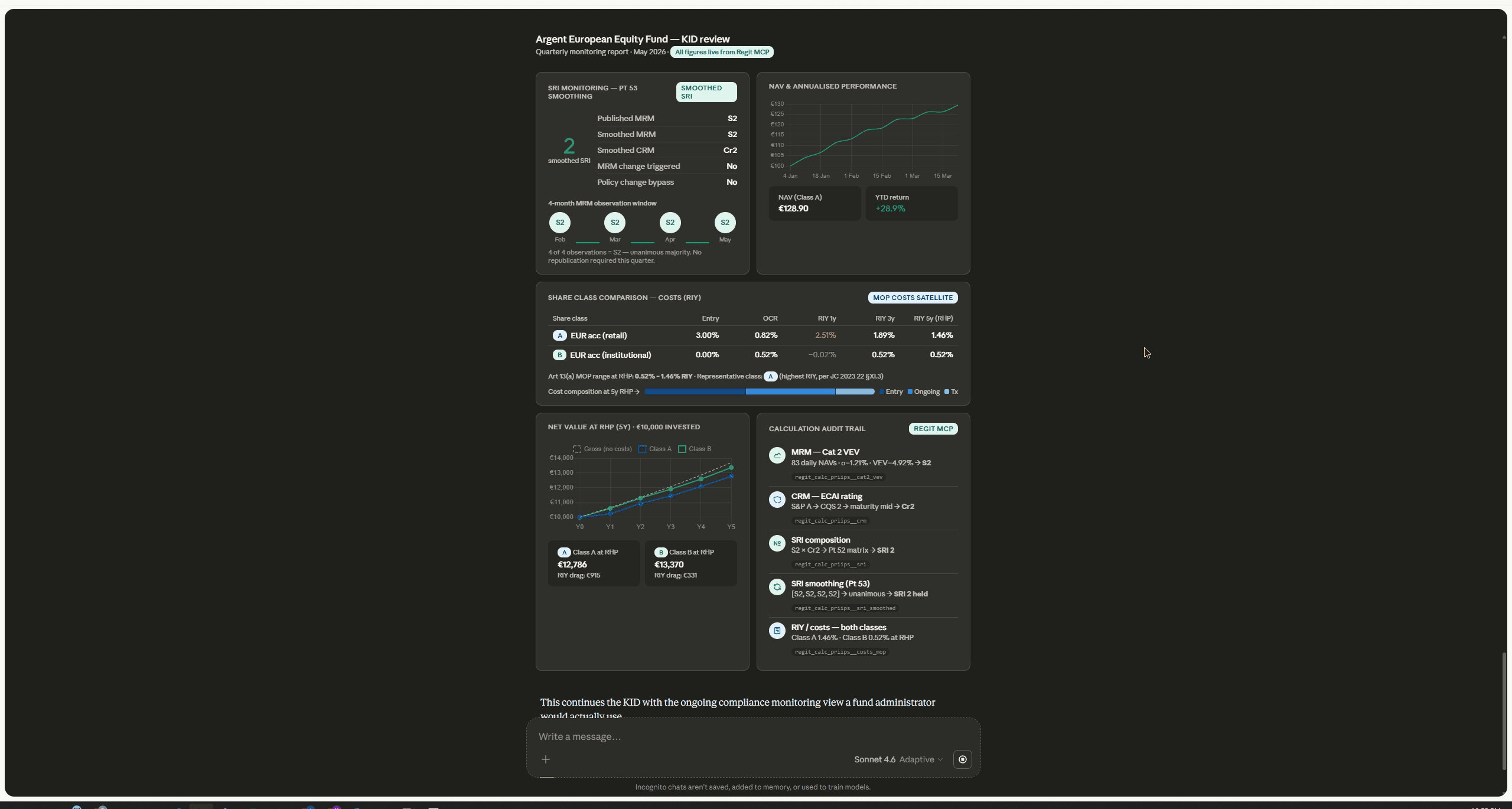 ChatGPT displaying a calculation trace for Argent European Equity Fund, showing MRM, CRM, SRI, and cost computation steps