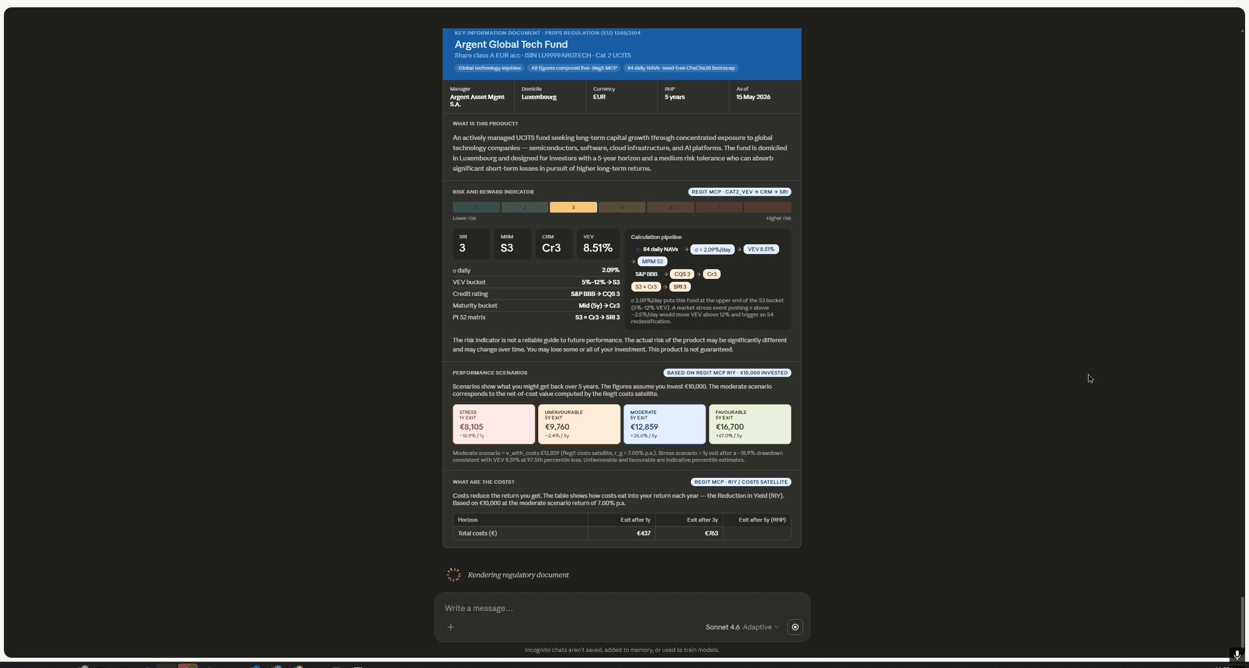 ChatGPT displaying a formatted PRIIPs KID summary for Argent Global Tech Fund, showing SRI score, VEV, credit rating, and performance scenarios table