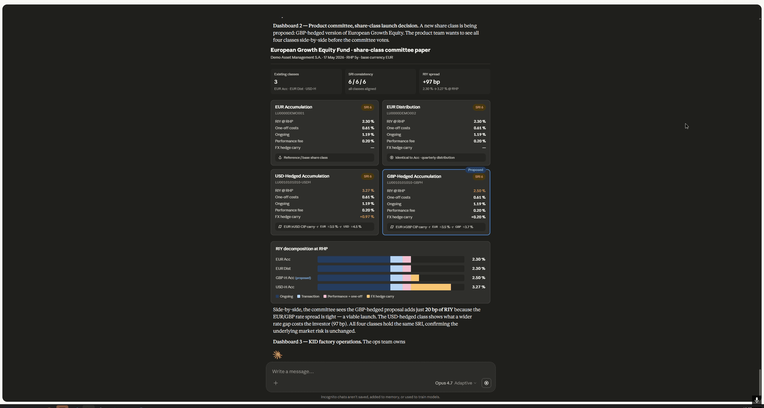 ChatGPT generating a share-class committee paper with cost breakdowns and RIY decomposition chart for four share classes of a fund
